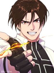 1boy black_gloves brown_eyes brown_hair fingerless_gloves fire gloves grin hair_between_eyes highres kusanagi_kyou looking_at_viewer male_focus portrait short_hair simple_background smile solo the_king_of_fighters the_king_of_fighters_&#039;99 twitter_username white_background xciidea