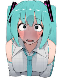 1girl @_@ adapted_costume aqua_hair bare_shoulders blue_hair blue_necktie blush breasts collared_shirt detached_sleeves from_above hatsune_miku highres long_hair looking_at_penis looking_at_viewer looking_up necktie ohasi open_mouth penis_awe penis_shadow shirt sleeveless sleeveless_shirt solo surprised sweat twintails very_long_hair vocaloid wide-eyed