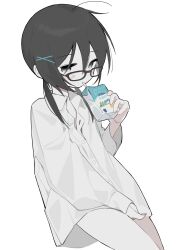 1girl absurdres black-framed_eyewear black_eyes black_hair collared_shirt commentary_request cowboy_shot dress_shirt drink drinking drinking_straw expressionless glasses hair_between_eyes highres holding holding_drink holding_milk_carton light_blush long_hair long_sleeves looking_at_viewer milk_carton myomuron naked_shirt no_sclera original partially_unbuttoned shirt sideways_glance simple_background solo white_background white_shirt