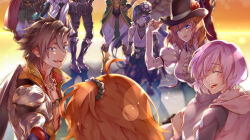 achilles_(fate) ahoge apollo_(fate) bartholomew_roberts_(fate) braid cape charlotte_corday_(fate) charlotte_corday_(third_ascension)_(fate) cross cross_necklace crossed_arms eyepatch fate/grand_order fate_(series) fujimaru_ritsuka_(female) fujimaru_ritsuka_(female)_(polar_chaldea_uniform) hand_on_own_hip hat head_out_of_frame hector_(fate) holding_hands hood jason_(fate) jewelry kotobuki_toro laughing low_twintails mandricardo_(fate) mash_kyrielight mochizuki_chiyome_(fate) necklace paris_(fate) scrunchie shield side_ponytail sky smile star_(sky) starry_sky super_orion_(fate) twintails