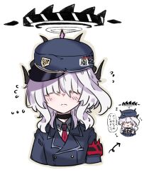 1girl aged_down blue_archive blush cosplay demon_girl demon_horns e_v_e_neko hair_over_eyes highres hina_(blue_archive) horns necktie nervous prefect_team_member_(blue_archive) prefect_team_member_(blue_archive)_(cosplay) red_necktie solo