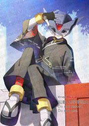 Rule 34 | 1boy, android, black eyes, black helmet, black kimono, forehead jewel, helmet, hidden phantom (mega man), japanese clothes, kimono, male focus, mega man (series), mega man zero (series), ninja, sitting, solo, twitter username, watermark, yamanashi taiki