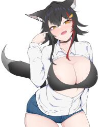 1girl animal_ear_fluff animal_ears black_bra black_hair blue_shorts blush bra breasts buttons collared_shirt commentary_request cowboy_shot fang flipped_hair hair_ornament hairclip hololive large_breasts long_hair long_sleeves looking_at_viewer mauichi multicolored_hair ookami_mio open_clothes open_mouth open_shirt red_hair shirt short_shorts shorts simple_background skin_fang solo streaked_hair tail underwear virtual_youtuber white_background white_shirt wolf_ears wolf_girl wolf_tail yellow_eyes