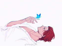 1boy blue_butterfly bug butterfly butterfly_on_hand closed_mouth collarbone facial_hair fingernails insect lying male_focus on_back one_piece red_hair scar scar_across_eye scar_on_face shanks_(one_piece) short_hair simple_background solo stubble vamos_mk white_background