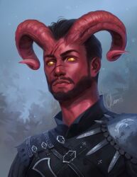 1boy beard black_hair black_jacket curled_horns dungeons_&amp;_dragons facial_hair highres horns jacket kueshka male_focus portrait red_horns scar scar_on_face scar_on_nose short_hair signature solo tiefling yellow_eyes