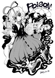 2girls creepy_eyes doll doll_joints expressionless flat_chest flower fog graphite_(medium) heran_hei_mao highres horror_(theme) joints leaf lily_of_the_valley long_hair medicine_melancholy medium_hair monochrome multiple_girls phantasmagoria_of_flower_view poison puffy_short_sleeves puffy_sleeves ribbon shoes short_sleeves size_difference socks su-san touhou traditional_media white_ribbon