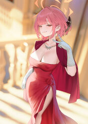 1girl aru_(blue_archive) aru_(dress)_(blue_archive) blue_archive blurry blurry_background breasts cirilla_lin cleavage dress gloves halo highres jewelry large_breasts looking_at_viewer necklace official_alternate_costume orange_halo pink_hair red_dress solo white_gloves