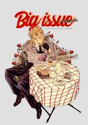 1boy 456123r0gue78 absurdres bread cake dress_shoes flower food formal_clothes giorno_giovanna highres jojo_no_kimyou_na_bouken long_hair male_focus newspaper pants sitting solo strawberry_shortcake table