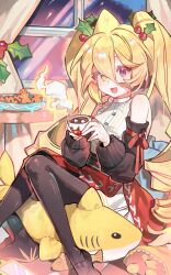 1girl bad_source bare_shoulders black_pantyhose blonde_hair breasts coffee cup detached_sleeves dress drill_hair from_side gingerbread_man hair_between_eyes hair_ornament heterochromia highres holding holding_cup holly holly_hair_ornament indie_virtual_youtuber indoors kaofish leaf_hair_ornament long_bangs long_hair looking_at_viewer mary_janes night official_art open_mouth pantyhose red_eyes red_ribbon ribbon shark shoes sitting smile steam twintails very_long_hair window winter yellow_eyes