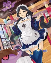 1girl ^_^ absurdres alternate_costume apron bat_(animal) black_eyes black_fur black_hair blue_dress blue_thighhighs body_fur breasts building cafe cameo cleavage cleavage_cutout closed_eyes clothing_cutout condom condom_packet_strip condom_wrapper cowboy_shot cup cynthia_(pokemon) drasna_(pokemon) dress drink dutch_angle earrings enmaided eyelashes fangs food frilled_apron frilled_dress frilled_hairband frills from_inside garchomp garter_straps gastly gen_1_pokemon gen_4_pokemon gen_6_pokemon glint hairband hands_up hex_maniac_(pokemon) highres holding holding_tray indoors jewelry ketchup_bottle large_breasts long_sleeves looking_at_viewer lumiose_city maid maid_apron maid_cafe maid_headdress mature_female mustard_bottle nintendo noibat omelet omurice one_eye_closed open_mouth pinstripe_dress pinstripe_pattern poke_ball pokemon pokemon_(creature) pokemon_xy prism_tower purple_fur red_stripes short_dress skrelp smile solo_focus sparkle thighhighs tooth_earrings tower tray tree ultra_ball unusually_open_eyes waitress wanderjegson water window wrinkled_skin