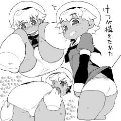 1boy blush bulge commentary_request cropped_legs from_behind greyscale hat hook jaggy_lines long_sleeves looking_at_viewer looking_back monochrome multiple_views omiya_(louise-louis-lucille) open_mouth original panties shota simple_background snagged sweat thick_arms thick_thighs thighs translation_request trap tsurime underwear white_background