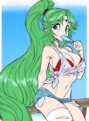 1girl absurdres alternate_costume alternate_hairstyle archived_source breasts cowboy_shot denim denim_shorts exposed_pocket food food_in_mouth green_hair highres holding holding_food holding_popsicle kid_icarus kid_icarus_uprising large_breasts long_hair navel nintendo palutena ponytail popsicle popsicle_in_mouth shorts solo teevo very_long_hair