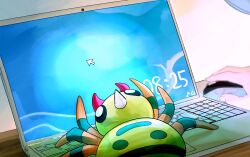 1other black_eyes bug commentary computer computer_mouse cursor gen_2_pokemon holding_computer_mouse horns inudomooo laptop looking_at_cursor looking_at_screen mandibles nintendo one-hour_drawing_challenge pokemon pokemon_(creature) pokemon_focus single_horn solo_focus spider spinarak timestamp