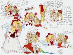 2girls angel_wings ascot bad_source blonde_hair blush bow crystal dress feathered_wings flandre_scarlet gengetsu_(touhou) hair_bow hat highres long_hair long_sleeves maid maid_headdress mob_cap multiple_girls noctiilio open_mouth puffy_short_sleeves puffy_sleeves red_bow red_eyes ribbon shirt short_hair short_sleeves side_ponytail skirt smile touhou touhou_(pc-98) vest white_wings wings yellow_eyes