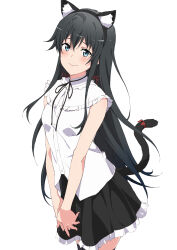 1girl absurdres ahoge animal_ear_fluff animal_ears black_hair black_skirt black_thighhighs blush breasts cat_ears cat_tail closed_mouth fake_animal_ears hair_ribbon highres long_hair looking_at_viewer miniskirt neck_ribbon ribbon shirt shou937 simple_background skirt sleeveless sleeveless_shirt small_breasts smile solo tail thighhighs tress_ribbon very_long_hair white_background white_shirt yahari_ore_no_seishun_lovecome_wa_machigatteiru. yukinoshita_yukino zettai_ryouiki