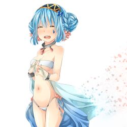 1girl bikini black_hairband blue_hair blue_nails blue_skirt blush breasts cleavage closed_eyes commentary_request cowboy_shot dancer_(ragnarok_online) double_bun fingernails hair_bun hairband highres medium_breasts meiko_(nattu303) navel open_mouth pearl_hair_ornament ragnarok_online short_hair showgirl_skirt simple_background skirt smile solo swimsuit teardrop_facial_mark white_background white_bikini