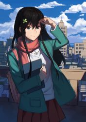 absurdres blazer breasts cityscape closed_mouth commentary_request hair_ornament hanaya_futaba highres hua_yuye jacket long_hair looking_at_viewer medium_breasts open_clothes open_jacket outdoors pleated_skirt red_scarf scarf school_uniform skirt smile to_be_hero_x to_be_hero to_be_heroine yakimc
