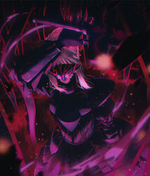 1girl armor arms_up artoria_pendragon_(fate) black_armor black_dress black_gorget breastplate bun_with_braided_base corruption covered_eyes dark_background dress excalibur_morgan_(fate) fate/grand_order fate/stay_night fate_(series) faulds fov_ps gauntlets gorget hair_bun heaven&#039;s_feel highres juliet_sleeves long_sleeves puffy_sleeves saber_alter saber_alter_(first_ascension) sidelocks single_hair_bun solo sword weapon