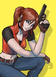 Rule 34 | 1girl, belt, blue eyes, breasts, brown gloves, brown hair, choker, claire redfield, cleavage, denim, female focus, fingerless gloves, gloves, gun, handgun, head tilt, highres, holding, holding gun, holding weapon, jeans, long hair, looking at viewer, luigiix, midriff, navel, on one knee, pants, parted lips, pistol, ponytail, resident evil, resident evil - code: veronica, shadow, solo, squatting, trigger discipline, vest, weapon, yellow background