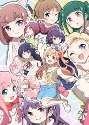 3nu_m 6+girls :d :o ;d absurdres ahoge animal_ear_headphones animal_ears animal_print azabu_mai bag blonde_hair blue_dress blue_eyes blue_jacket blue_shorts blunt_bangs blunt_ends bob_cut brown_eyes brown_hair butterfly_print butterfly_print_kimono cat_ear_headphones chofu_noriko closed_mouth collared_shirt commentary_request contrast_collar diagonal-striped_clothes diagonal-striped_necktie dress dress_shirt everyone fake_animal_ears full_body goto_akira gradient_clothes gradient_kimono green_dress green_eyes green_hair hair_ornament hair_scrunchie handbag harumiya_yukuri headphones highres hood hooded_jacket ikizulive!_love_live!_bluebird jacket japanese_clothes kanazawa_miracle kimono komagata_hanabi layered_sleeves loafers long_hair long_sleeves love_live! multiple_girls neck_ribbon necktie one_eye_closed one_side_up open_clothes open_jacket open_mouth orange_necktie parted_hair parted_lips pink_bag pink_hair pink_kimono pink_scrunchie pink_skirt ponytail print_kimono profile purple_eyes purple_hair red_ribbon ribbon sailor_collar sailor_shirt sasaki_shion school_uniform scrunchie shirt shoes short_hair shorts shrug_(clothing) sidelocks skirt smile socks split_mouth strapless strapless_dress striped_clothes sweater takahashi_polka two_side_up white_jacket white_kimono white_sailor_collar white_shirt white_shoes white_shrug white_socks white_sweater wide_sleeves yamada_midori