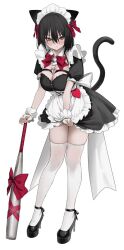 Rule 34 | 1girl, animal ear hairband, animal ears, apron, back bow, baseball bat, bell, black dress, black hair, black shoes, blush, bow, bowtie, breasts, cat ear hairband, cat ears, cat tail, cleavage, collar, commentary, dress, fake animal ears, frilled apron, frilled dress, frills, green eyes, hair between eyes, hair bow, hairband, heart, heart o-ring, high heels, kemonomimi mode, large breasts, leaning on object, looking at viewer, maid, maid apron, maid headdress, medium hair, metal baseball bat, mole, mole under mouth, neck bell, o-ring, original, parted lips, puffy short sleeves, puffy sleeves, red bow, red bowtie, shoes, short sleeves, sidelocks, simple background, skindentation, skirt, skirt tug, solo, soya (torga), tail, thighhighs, unconventional maid, waist apron, white apron, white background, white bow, white collar, white thighhighs, white wrist cuffs, wrist cuffs