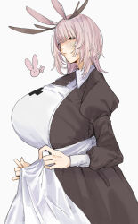 1girl absurdres animal_ears apron black_dress blush breasts closed_mouth cowboy_shot dress grey_eyes highres horns huge_breasts jackalope_(neyaneyashiteru) jackalope_girl juliet_sleeves long_sleeves medium_hair monster_girl neyaneyashiteru original pink_hair puffy_sleeves rabbit_ears simple_background solo standing white_apron white_background white_sleeve_cuffs