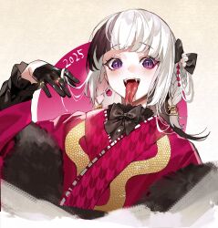 1girl 2025 :d black_gloves black_hair black_shirt blush bow bowtie braid brown_background chinese_zodiac commentary commentary_request earclip earrings fangs flower_earrings forked_tongue frilled_sleeves frills fur_shawl gloves gold_ring hair_bow hair_ornament half_gloves highres japanese_clothes jewelry kimono kuroi_suna long_sleeves looking_at_viewer makeup mascara medium_hair multicolored_hair multiple_rings open_mouth original piercing print_kimono purple_eyes red_kimono ring shawl shirt slit_pupils smile solo split-color_hair teeth tongue tongue_out tongue_piercing twin_braids twintails two-tone_hair upper_body upper_teeth_only white_hair year_of_the_snake