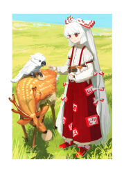Rule 34 | 1girl, absurdres, animal, bird, border, bow, calico (pattern), calico cat, cat, closed mouth, commentary request, deer, deer cracker, feeding, field, fujiwara no mokou, full body, hair bow, highres, holding, holding animal, holding cat, long hair, ofuda, ofuda on clothes, pants, parakeet, red eyes, red pants, red shoes, ritsuzou, shoes, smile, solo, standing, suspenders, touhou, very long hair, white border, white bow, white hair