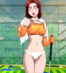 1girl angel_wings ass belly bikini bottomless breasts brown_hair buttons closed_eyes collar crop_top day dress_shirt elbow_gloves gloves highres initial_d lips lipstick looking_at_viewer makeup medium_breasts mf_ghost navel open_clothes open_mouth open_shirt outdoors panties plaid_clothes plaid_shirt pocket race_queen red_lips shirt short_hair smile solo standing swept_bangs swimsuit uehara_mika underwear white_panties wings
