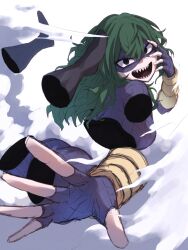 1girl ass black_eyes bodysuit boku_no_hero_academia breasts disembodied_hand disembodied_head disembodied_torso domino_mask fingerless_gloves ginjaeru gloves green_hair hair_between_eyes highres long_hair looking_at_viewer mask open_mouth purple_bodysuit purple_mask sharp_teeth smile solo superhero_costume teeth tokage_setsuna