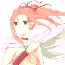 1girl bracelet brooch cape choker cloak dress earrings female_focus final_fantasy final_fantasy_iv final_fantasy_iv:_the_after_years high_ponytail jewelry long_hair no_bra pink_hair ponytail porom see-through_clothes simple_background solo white_background