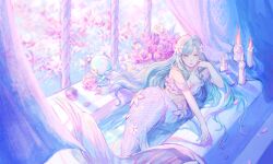 1girl absurdres bath bathing bathtub blue_eyes blue_hair breasts candle candlelight cleavage dress flower hair_flower hair_ornament highres horns liliantsai0417 long_hair medium_breasts mermaid monster_girl nail_polish original purple_tail scales single_horn sitting solo tail tail_flower tail_ornament water white_dress
