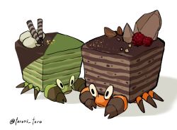 alternate_color artist_name berry black_eyes cake chocolate chocolate_cake closed_mouth crab crab_claw crustle food gen_5_pokemon highres matcha_(food) nintendo no_humans parted_lips pincers pokemon pokemon_(creature) rock shadow shiny_pokemon simple_background torori_toro_(oimo_kenpi) twitter_username wafer_stick white_background