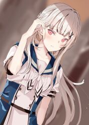 Rule 34 | 1girl, absurdres, blue dress, blurry, blurry background, blush, buttons, commentary request, double-breasted, dress, dutch angle, hair behind ear, hakuchuumu no aojashin, hand up, hatano rin, highres, looking at viewer, looking to the side, neckerchief, official art, parted lips, red eyes, school uniform, serafuku, shimofuri, short sleeves, sideways glance, solo, tucking hair, two-tone dress, white dress, white hair, white neckerchief