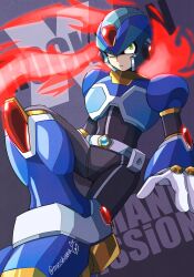 Rule 34 | 1boy, absurdres, armor, blue armor, blue helmet, copyright name, crossed legs, green eyes, helmet, highres, holographic clothing, looking at viewer, male focus, mega man (series), mega man x: command mission, mega man x (series), meshiuma0x, new armor x (mega man), red scarf, scarf, shaded face, shoulder armor, solo, twitter username, x (mega man)