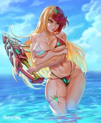 1girl arimatang bikini black_bikini blonde_hair blue_sky breasts cloud cloudy_sky covered_erect_nipples fusion heterochromia highres holding holding_sword holding_weapon large_breasts long_hair multicolored_hair mythra_(xenoblade) ocean pyra_(xenoblade) red_bikini red_hair sky swimsuit sword thigh_strap two-tone_hair wading weapon white_bikini xenoblade_chronicles_(series) xenoblade_chronicles_2