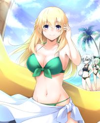 &gt;_&lt; 3girls :d adjusting_hair arm_up ball beach beachball bikini blonde_hair blue_eyes bow braid breasts choujigen_game_neptune cleavage cloud cloudy_sky collarbone commentary_request day doria_(p_f_dolia) french_braid front-tie_bikini_top front-tie_top green_bikini green_hair hair_bow hakozaki_chika holding holding_ball large_breasts light_rays long_hair md5_mismatch multiple_girls navel neptune_(series) ocean open_mouth outdoors palm_tree resolution_mismatch s-sha sarong shin_jigen_game_neptune_vii sky smile source_smaller sports_bikini sunglasses swimsuit tree vert_(neptunia) white_hair xd