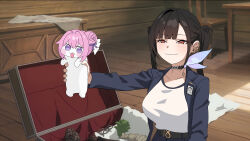 Rule 34 | 1girl, :3, :d, absurdres, black choker, blush stickers, breasts, brown eyes, chair, choker, derivative work, doro (nikke), goddess of victory: nikke, grin, half-closed eyes, hand up, hashtag-only commentary, highres, id card, indoors, jacket, large breasts, looking at viewer, meme, open clothes, open jacket, open mouth, open suitcase, outstretched arm, parody, pink hair, scene reference, screenshot background, screenshot redraw, shirt, short hair, smile, solo, sora (nikke), sousou no frieren, table, twintails, upper body, wge, white shirt, you can just give this kind of thing to men and they will be thrilled (meme)