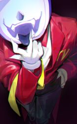 1boy ant_tenna asd1565326 black_pants crt deltarune fangs from_above gloves hand_on_own_hip highres male_focus necktie object_head pants pointy_nose shirt smile solo tailcoat tongue tongue_out v v_over_mouth white_gloves white_shirt yellow_necktie