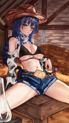 Rule 34 | 1girl, absurdres, belt, belt buckle, bikini, black bikini, blue eyes, blue hair, braid, braided ponytail, breasts, brown belt, buckle, cow print sleeves, cowboy hat, denim, denim shorts, hat, highres, hololive, hololive english, indoors, large breasts, long hair, looking at viewer, luisjse, navel, ouro kronii, short shorts, shorts, solo, swimsuit, virtual youtuber