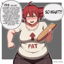 Rule 34 | !?, ..., 1girl, absurdres, ahoge, alternate body size, andycookiez, arrow (symbol), artist name, baguette, blush, border, bread, breasts, brown pants, clenched hand, collarbone, commentary, covered navel, cowboy shot, drill hair, english commentary, english text, fatass teto (meme), food, grey background, hair between eyes, highres, kasane teto, large breasts, long hair, looking at viewer, meme, open mouth, outline, pants, plump, red eyes, red hair, solo, speech bubble, spoken ellipsis, straight-on, talking, thick arms, tsurime, twin drills, twitter username, utau, white border, white outline