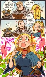 1girl 2boys 3koma ? absurdres blonde_hair blush book breasts brown_hair cape comic dungeon_meshi elf english_text facial_hair flower green_eyes helmet highres horns laios_touden large_breasts long_hair marcille_donato multiple_boys mustache open_mouth pointy_ears senshi_(dungeon_meshi) sexually_suggestive snegovski speech_bubble staff sweat