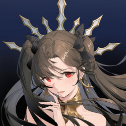 1girl artist_name black_background black_hair black_ribbon blush commentary_request earrings fate/grand_order fate_(series) floating_hair hair_ribbon hoop_earrings ishtar_(fate) jewelry lips long_hair looking_at_viewer open_mouth parted_bangs pink_lips red_eyes ribbon rnte5434 simple_background smile solo two_side_up very_long_hair