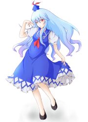 1girl :o arm_up ascot black_shoes blue_dress blue_hair blue_hat commentary_request daigorou dress dress_over_shirt floating_hair hair_between_eyes hat hat_ribbon highres kamishirasawa_keine leg_up long_hair long_sidelocks open_mouth puffy_short_sleeves puffy_sleeves red_ascot red_eyes red_ribbon ribbon shirt shoes short_sleeves sidelocks simple_background sleeveless sleeveless_dress solo touhou white_background white_shirt