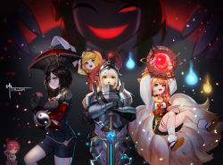 6+girls ;d absurdres anger_vein animal_ears armor blonde_hair brown_hair clenched_hand daeno female_knight_(guardian_tales) fox_ears fox_tail grey_background guardian_tales helmet highres holding holding_sword holding_weapon idol_eva_(guardian_tales) lahn_(guardian_tales) lupina_(guardian_tales) multiple_girls nari_(guardian_tales) one_eye_closed open_mouth red_headwear shorts smile staff standing sword tail tiara weapon yin_yang
