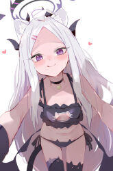 1girl ahoge black_halo blue_archive blush breasts cat_lingerie demon_girl demon_horns demon_wings halo heart highres hina_(blue_archive) horns loli long_hair looking_at_viewer meme_attire purple_eyes simple_background small_breasts solo standing ura_ra1800 white_hair wings