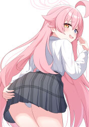 1girl absurdres ahoge black_skirt blue_archive blue_eyes blush halo heterochromia highres hoshino_(blue_archive) long_hair long_sleeves looking_at_viewer natukuzira open_mouth panties pink_hair pink_halo plaid_clothes plaid_skirt pleated_skirt school_uniform shirt simple_background skirt smile smug solo underwear white_background white_panties white_shirt yellow_eyes