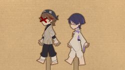 Rule 34 | 2boys, absurdres, arms at sides, barefoot, black pants, black sash, black sleeves, black undershirt, blunt ends, brown hair, brown outline, cardboard, cardboard cutout, censored, censored identity, closed eyes, closed mouth, clothing cutout, eyeliner, eyeshadow, facing another, feathers, from side, genshin impact, grass print, grey kimono, headscarf, highres, japanese clothes, kariginu, kimono, layered sleeves, long sleeves, low ponytail, makeup, miaoyeza233, mid-stride, multicolored hair, multiple boys, niwa (genshin impact), open hands, outline, pants, pom pom (clothes), ponytail, profile, purple hair, purple kimono, purple sleeves, red eyeliner, red eyeshadow, red hair, sash, scaramouche (genshin impact), scaramouche (kabukimono) (genshin impact), shirt, short ponytail, short sleeves, shoulder cutout, side cutout, streaked hair, string, teardrop, tearing up, tears, turtleneck, turtleneck shirt, walking, white pants, wide sleeves, wrist wrap, x, yellow feathers