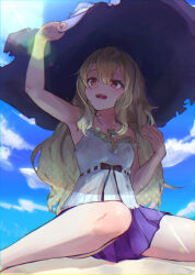 1girl absurdres blonde_hair blue_sky daria_(shingeki_no_bahamut) hat highres jewelry large_hat legs long_hair necklace open_mouth orr_(kkkkbbbbc) purple_hat purple_skirt red_eyes shade shaded_face shadowverse shingeki_no_bahamut shirt sitting skirt sky sleeveless sleeveless_shirt solo wariza white_shirt witch_hat