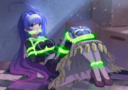 Rule 34 | 1girl, absurdres, ahoge, bdsm, blue eyes, blue hair, blush, bondage, bound, bound ankles, bound arms, bound legs, bound torso, bound wrists, breast bondage, breasts, cailin020, dress, gag, gagged, glowing rope, green rope, hairband, high heels, highres, huge ahoge, improvised gag, large breasts, long hair, looking at viewer, magic bondage, on floor, orie ballardiae harada, restrained, rope, rope gag, shibari, shibari over clothes, solo, thighhighs, under night in-birth, very long hair, white hairband, white thighhighs